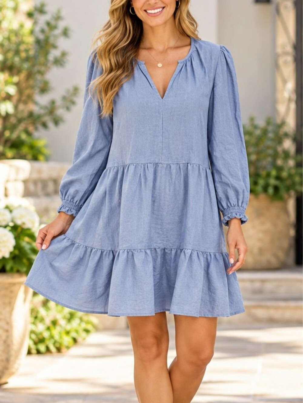 Cynthia Rowley Light Blue Tiered Long-Sleeve Dress — Size XL